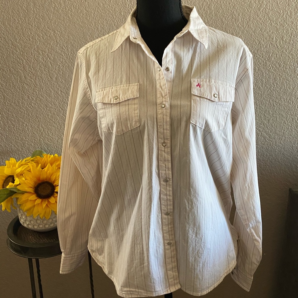 Western style white striped blouse w/snaps womens